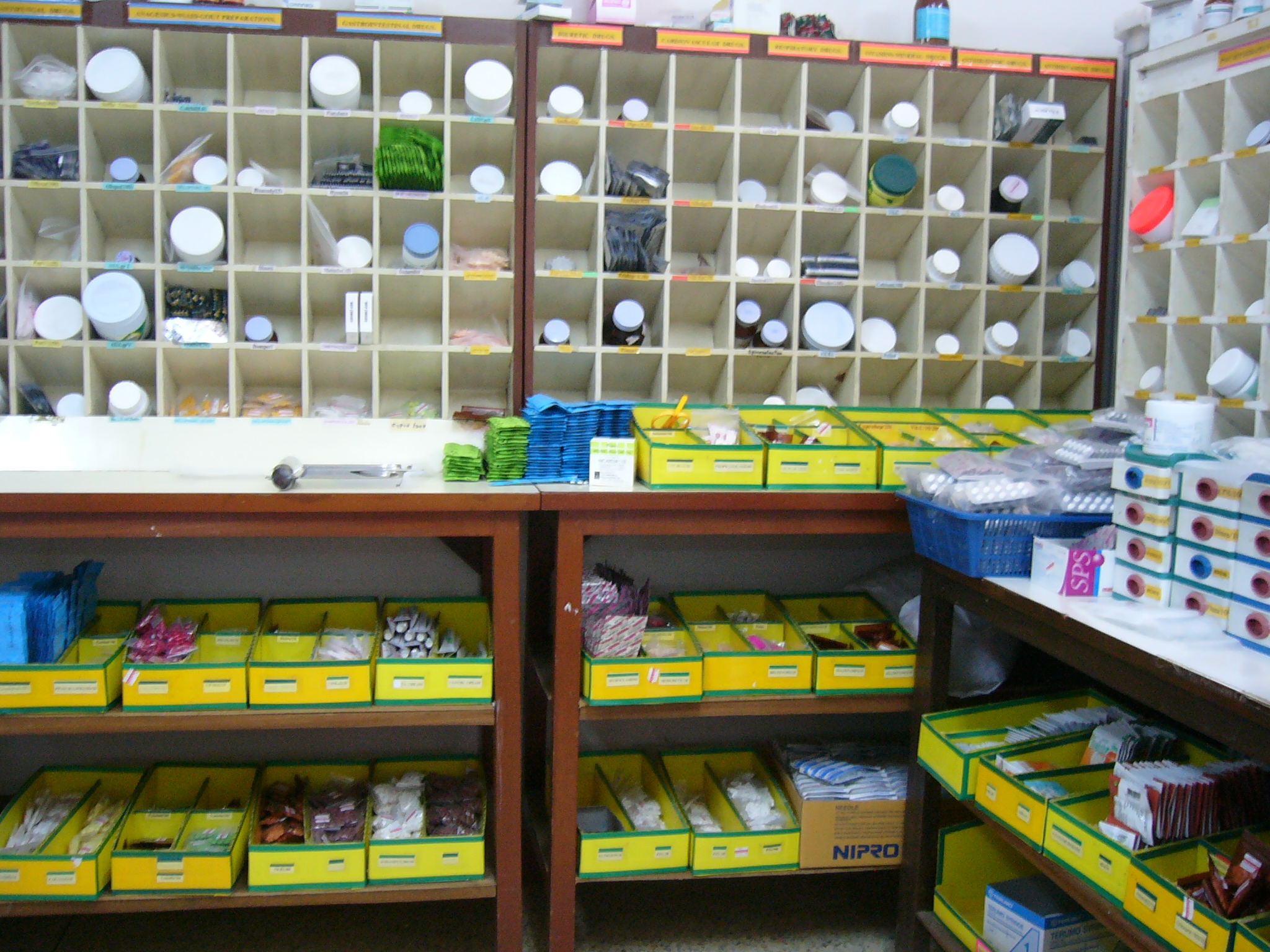 Shelves in a hospital pharmacy.