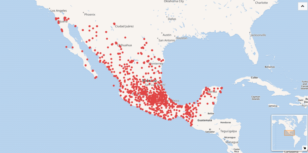 A map of hospital locations across Mexico generated from a public knowledge base