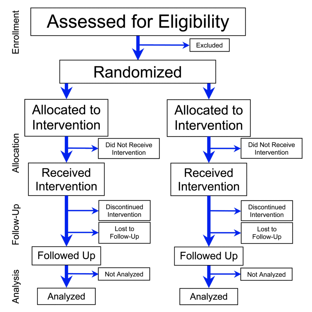 A participant flow diagram showing enrolment, allocation, follow-up and analysis stages